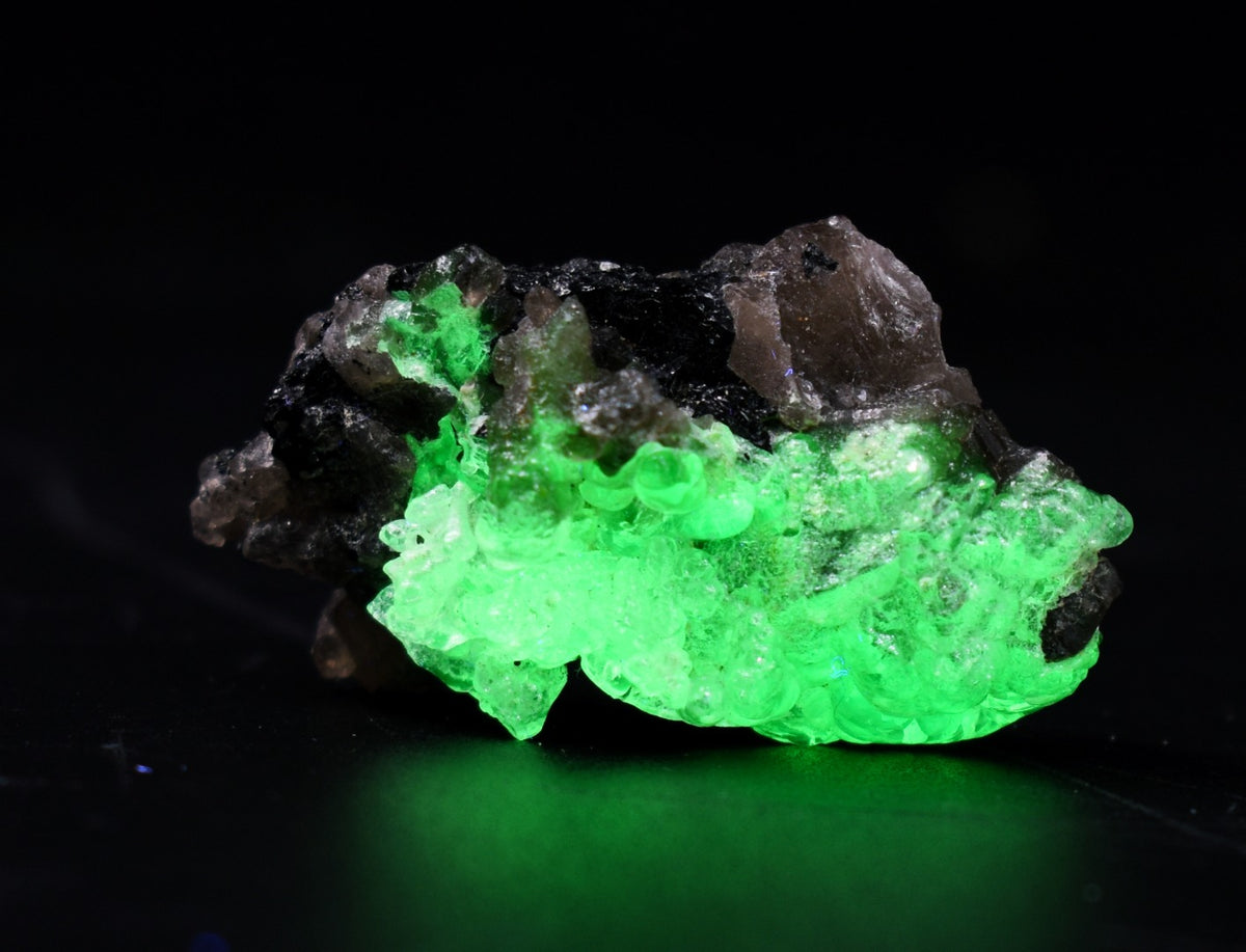 Fluorescent Hyalite Opal with Smoky Quartz, Black Tourmaline - Mineral from Erongo Mountains Namibia, 7 grams