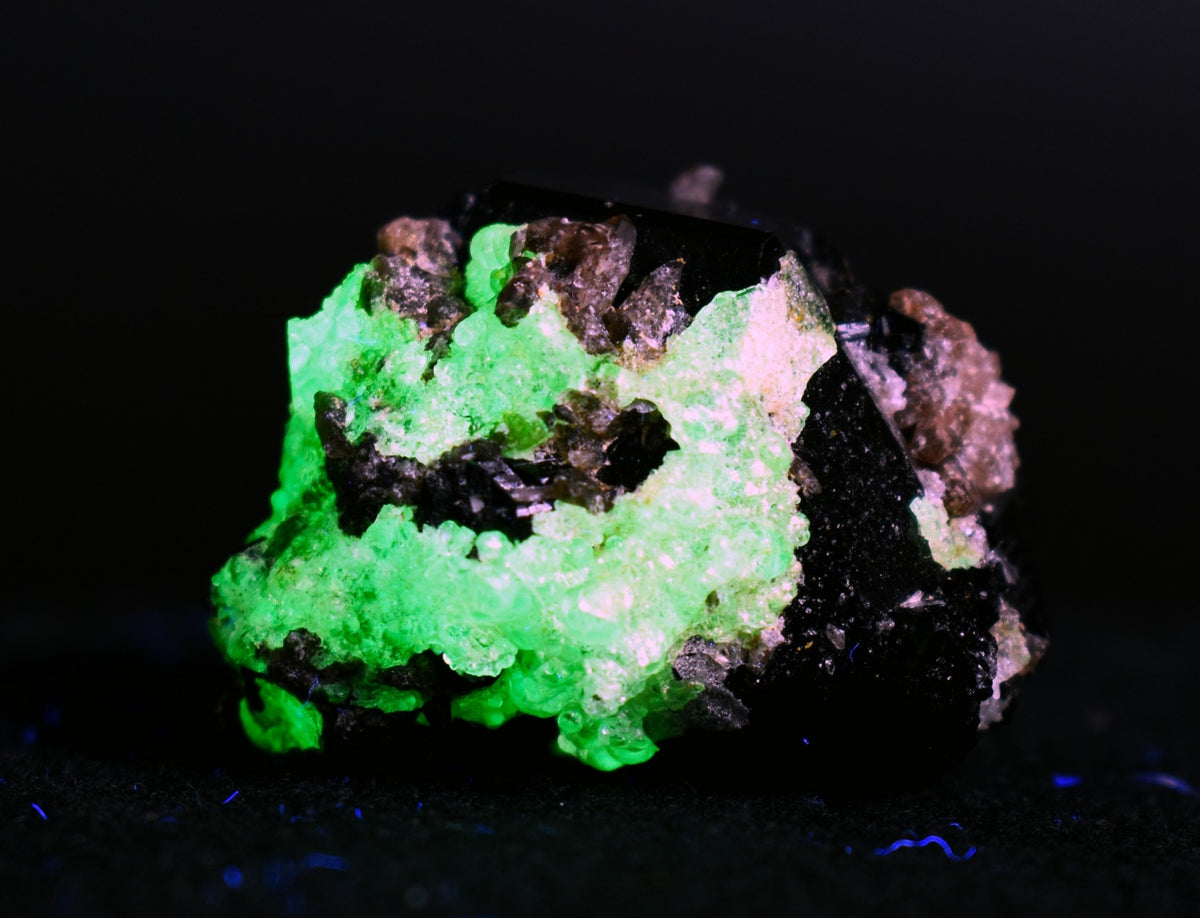 Fluorescent Hyalite Opal with Smoky Quartz, Black Tourmaline - Mineral from Erongo Mountains Namibia, 20 grams