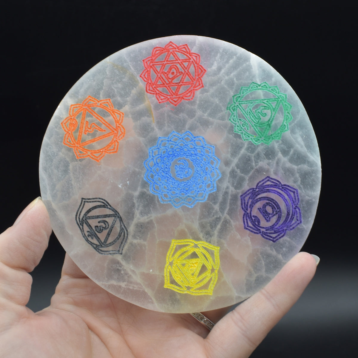 Selenite (Satin Spar) Coloured Chakra Round Charging Plate - 1 Count - 10 - 11cm