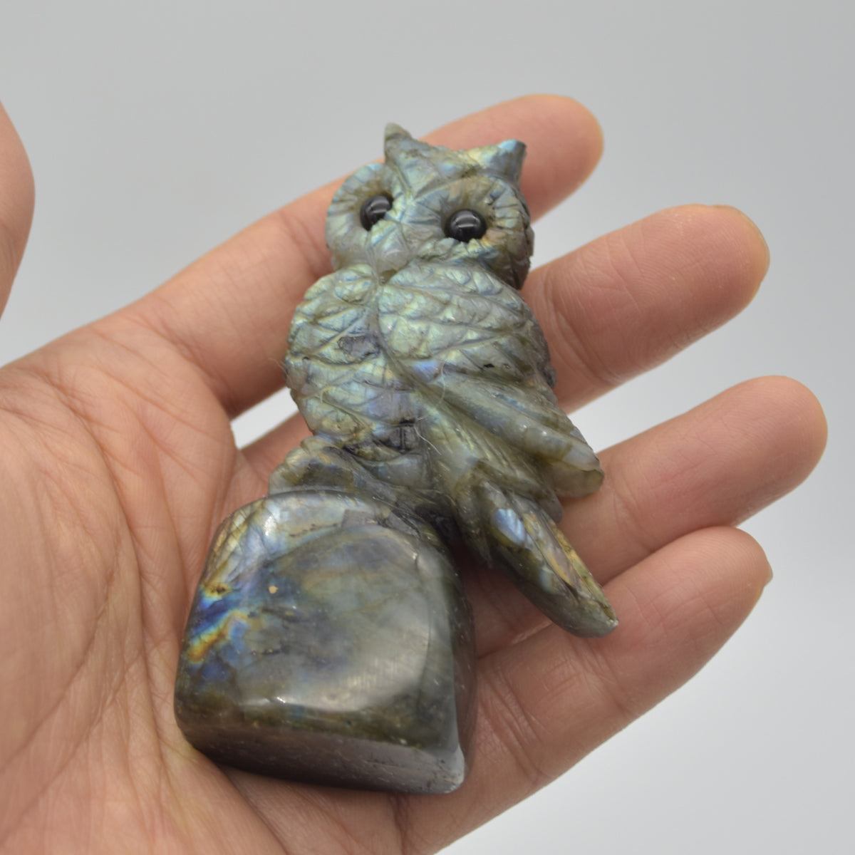 Labradorite Crystal Owl on Rock - 8cm x 5cm x 3cm - 130 grams #08