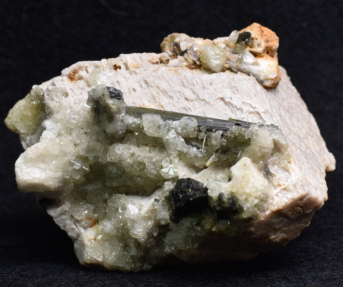 Green Herderite on Feldpar with Schorl Black Tourmaline, Elbaite Green Tourmaline, Albite, Rare, Synergy 12, Crystal Specimen - 122 grams