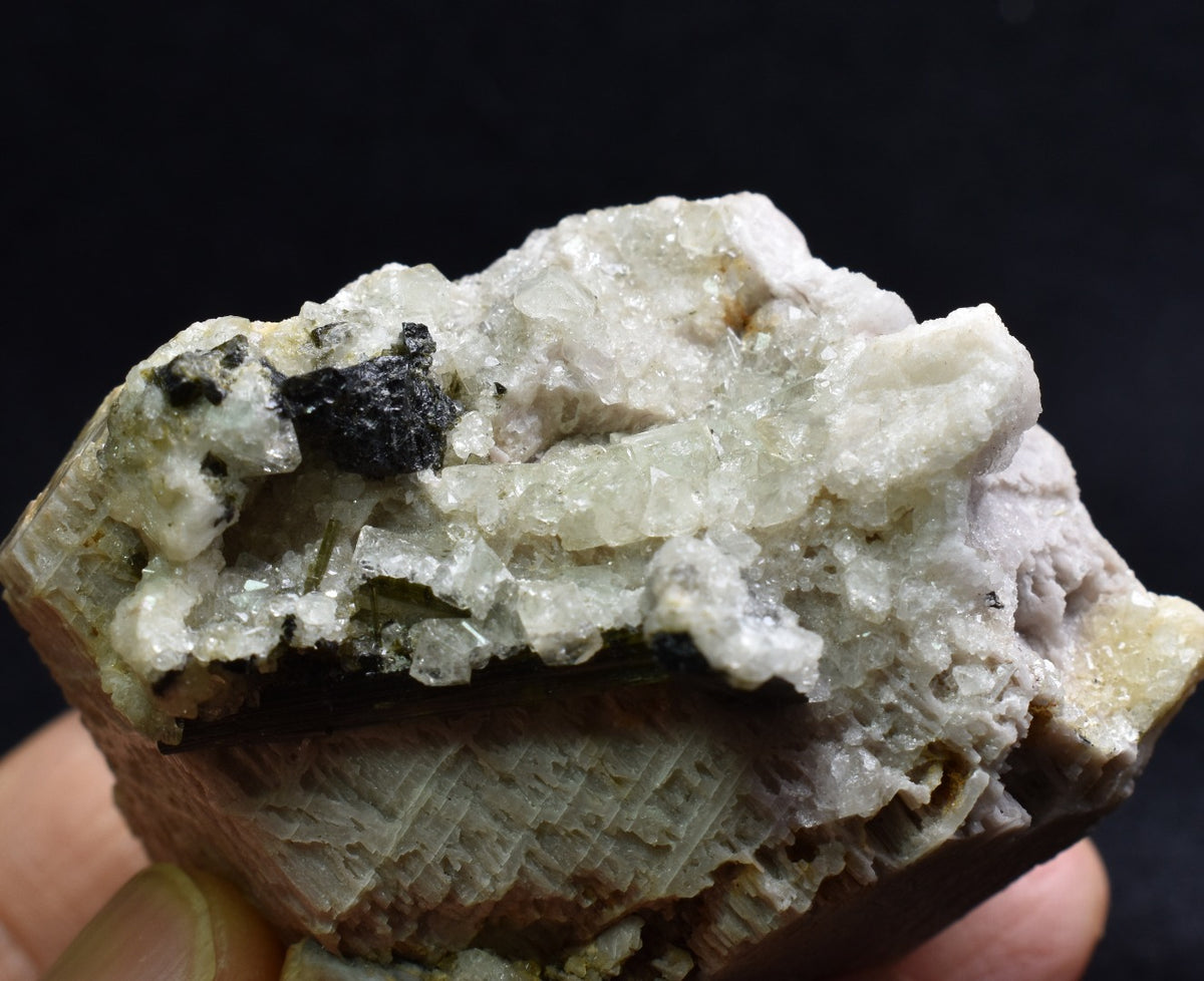 Green Herderite on Feldpar with Schorl Black Tourmaline, Elbaite Green Tourmaline, Albite, Rare, Synergy 12, Crystal Specimen - 122 grams