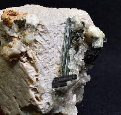 Green Herderite on Feldpar with Schorl Black Tourmaline, Elbaite Green Tourmaline, Albite, Rare, Synergy 12, Crystal Specimen - 122 grams