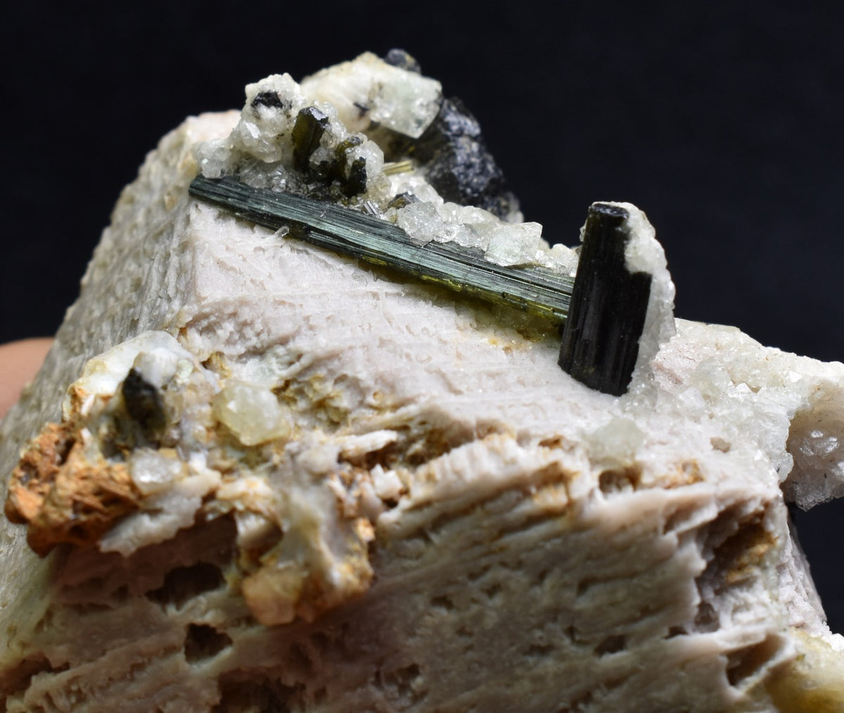 Green Herderite on Feldpar with Schorl Black Tourmaline, Elbaite Green Tourmaline, Albite, Rare, Synergy 12, Crystal Specimen - 122 grams