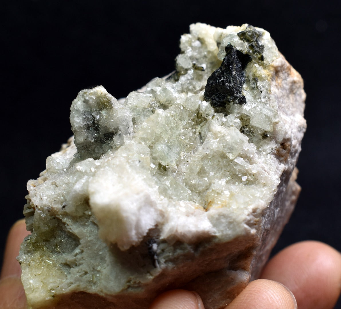 Green Herderite on Feldpar with Schorl Black Tourmaline, Elbaite Green Tourmaline, Albite, Rare, Synergy 12, Crystal Specimen - 122 grams