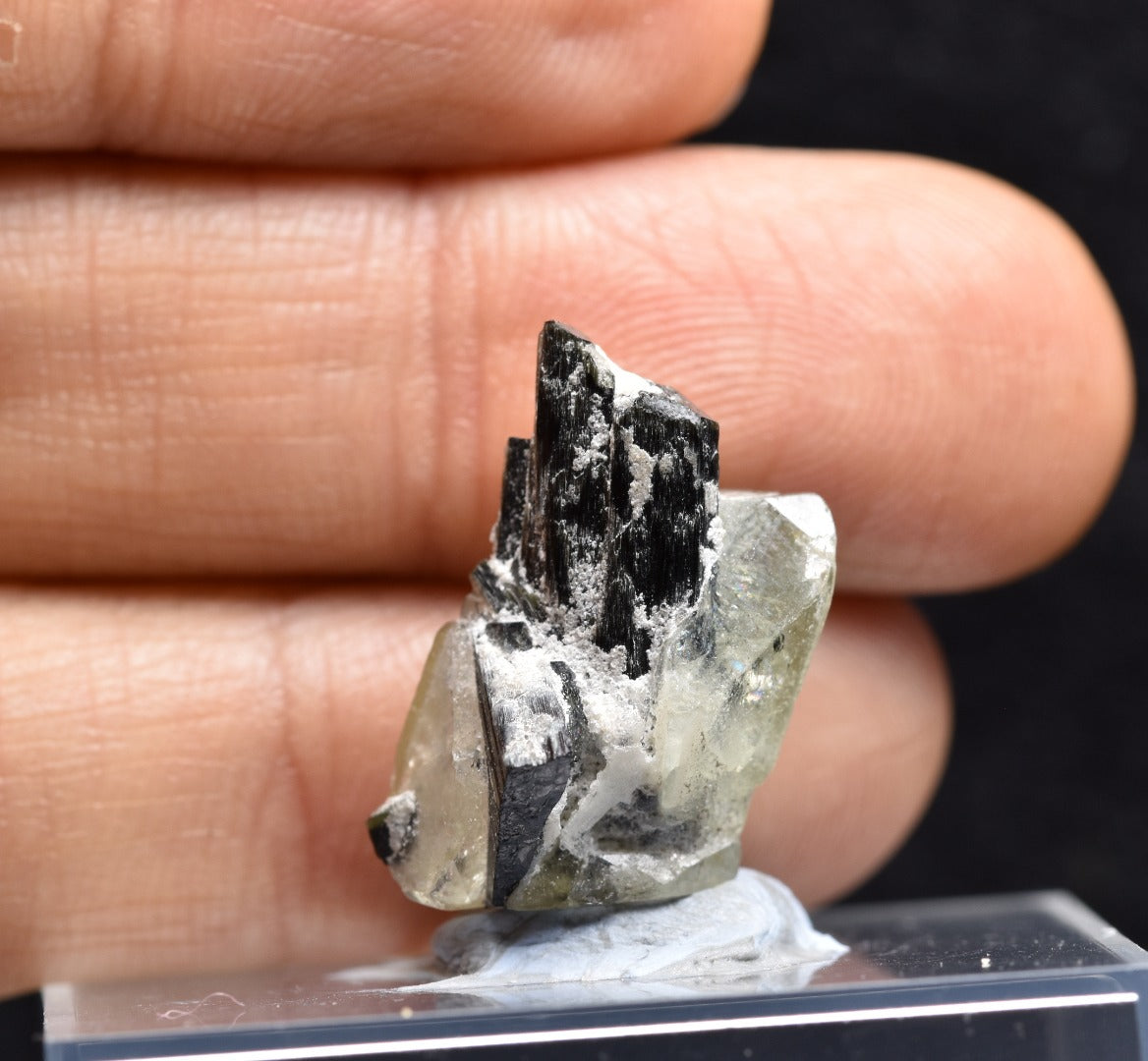 Green Herderite with Schorl Black Tourmaline, Rare, Synergy 12, Crystal Specimen - 3.6 grams