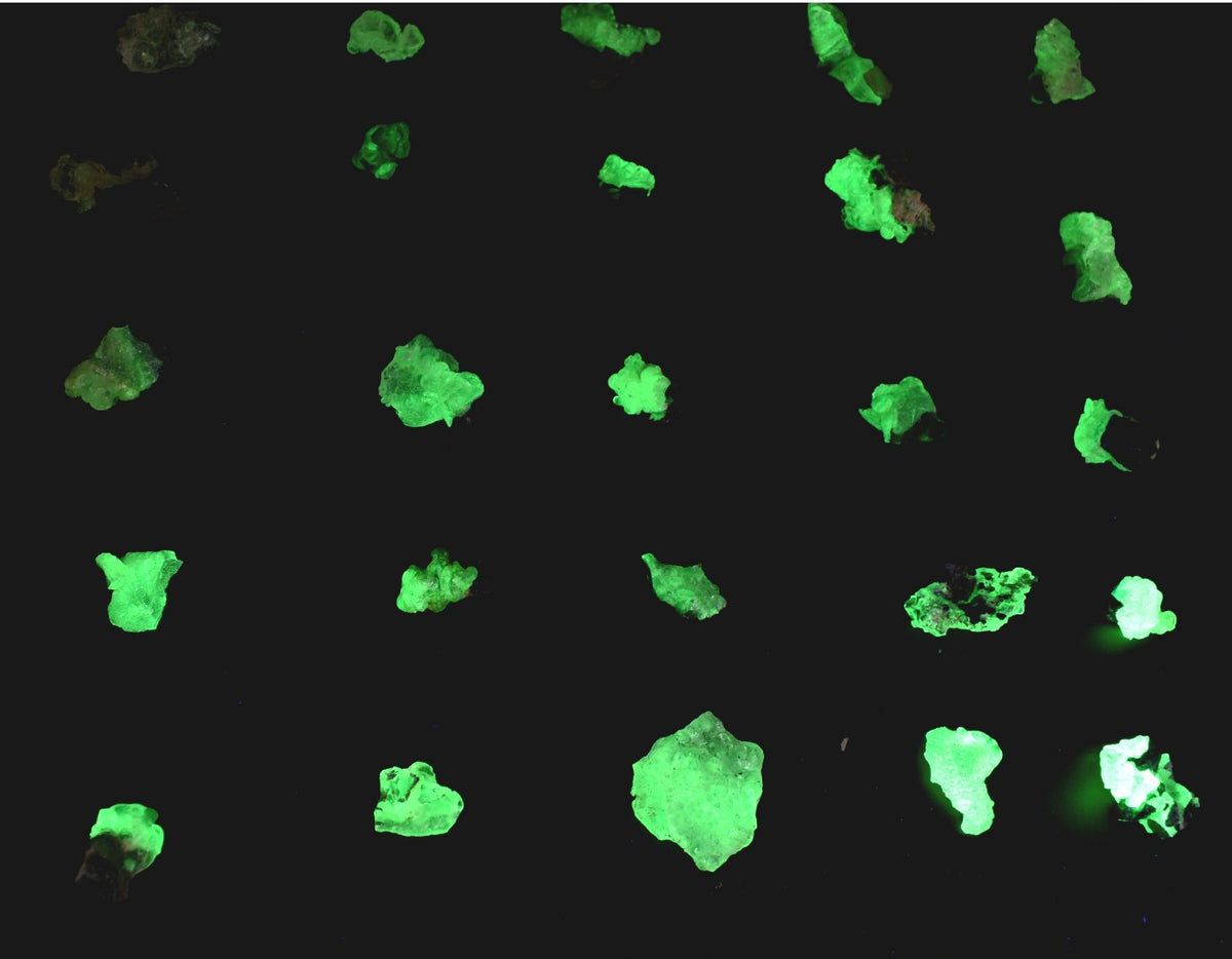 Fluorescent Hyalite Opal with Smoky Quartz, Black Tourmaline - Mineral from Erongo Mountains Namibia UV reactive, 30 Options