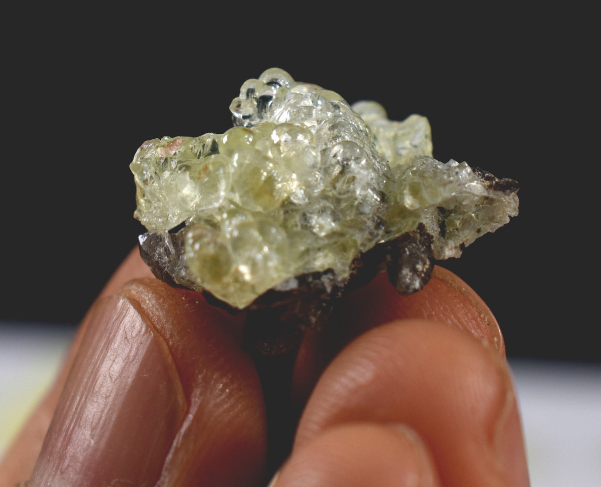 Fluorescent Hyalite Opal with Smoky Quartz, Black Tourmaline - Mineral from Erongo Mountains Namibia UV reactive, 30 Options