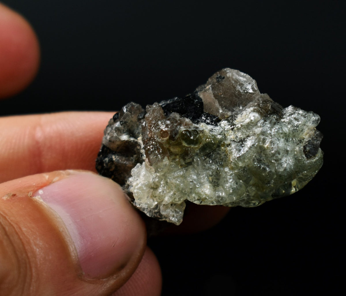 Fluorescent Hyalite Opal with Smoky Quartz, Black Tourmaline - Mineral from Erongo Mountains Namibia, 7 grams