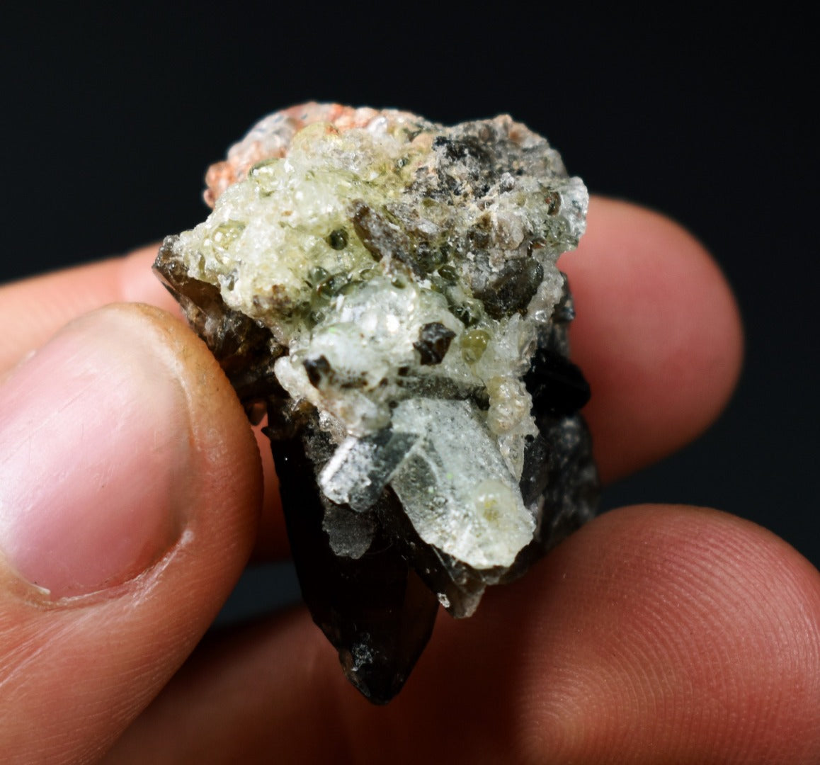 Fluorescent Hyalite Opal with Smoky Quartz, Black Tourmaline - Mineral from Erongo Mountains Namibia, 10 grams