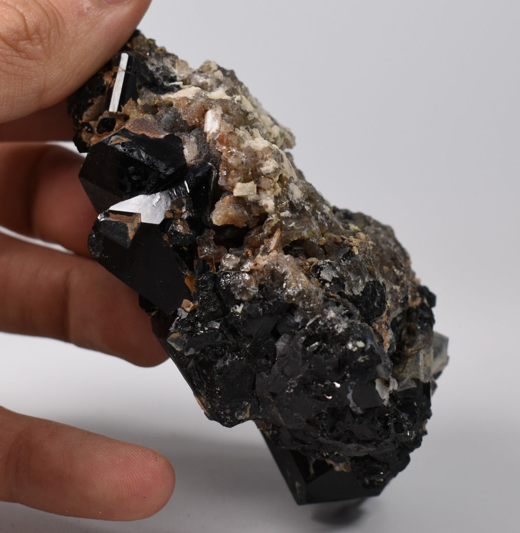 Lustrous Black Tourmaline On Feldspar with Smoky Quartz - Raw Schorl Crystal Cluster - Natural Mineral Specimen - 288 Grams - Crystal Decor