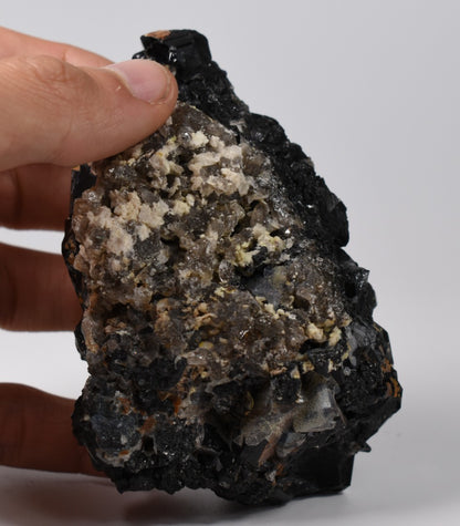 Lustrous Black Tourmaline On Feldspar with Smoky Quartz - Raw Schorl Crystal Cluster - Natural Mineral Specimen - 288 Grams - Crystal Decor