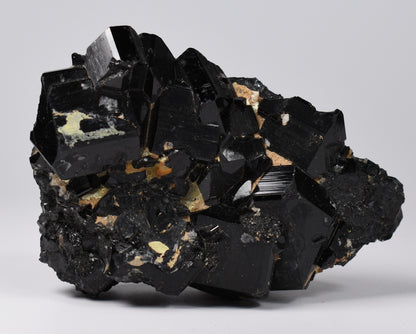 Lustrous Black Tourmaline On Feldspar with Smoky Quartz - Raw Schorl Crystal Cluster - Natural Mineral Specimen - 288 Grams - Crystal Decor