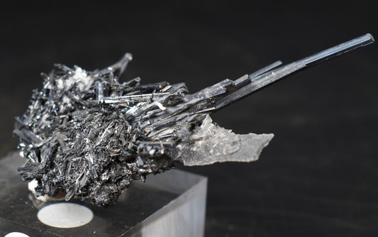 High-Grade Stibnite Crystal Cluster with Calcite, Xikuangshan Mine, China | Metallic Acicular Stibnite Specimen, ST6, 52 grams