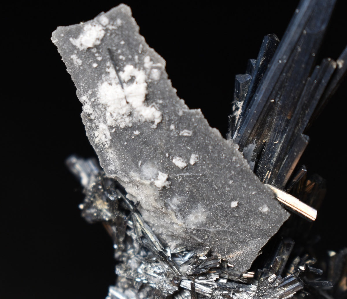 High-Grade Stibnite Crystal Cluster with Calcite, Xikuangshan Mine, China | Metallic Acicular Stibnite Specimen, ST6, 52 grams
