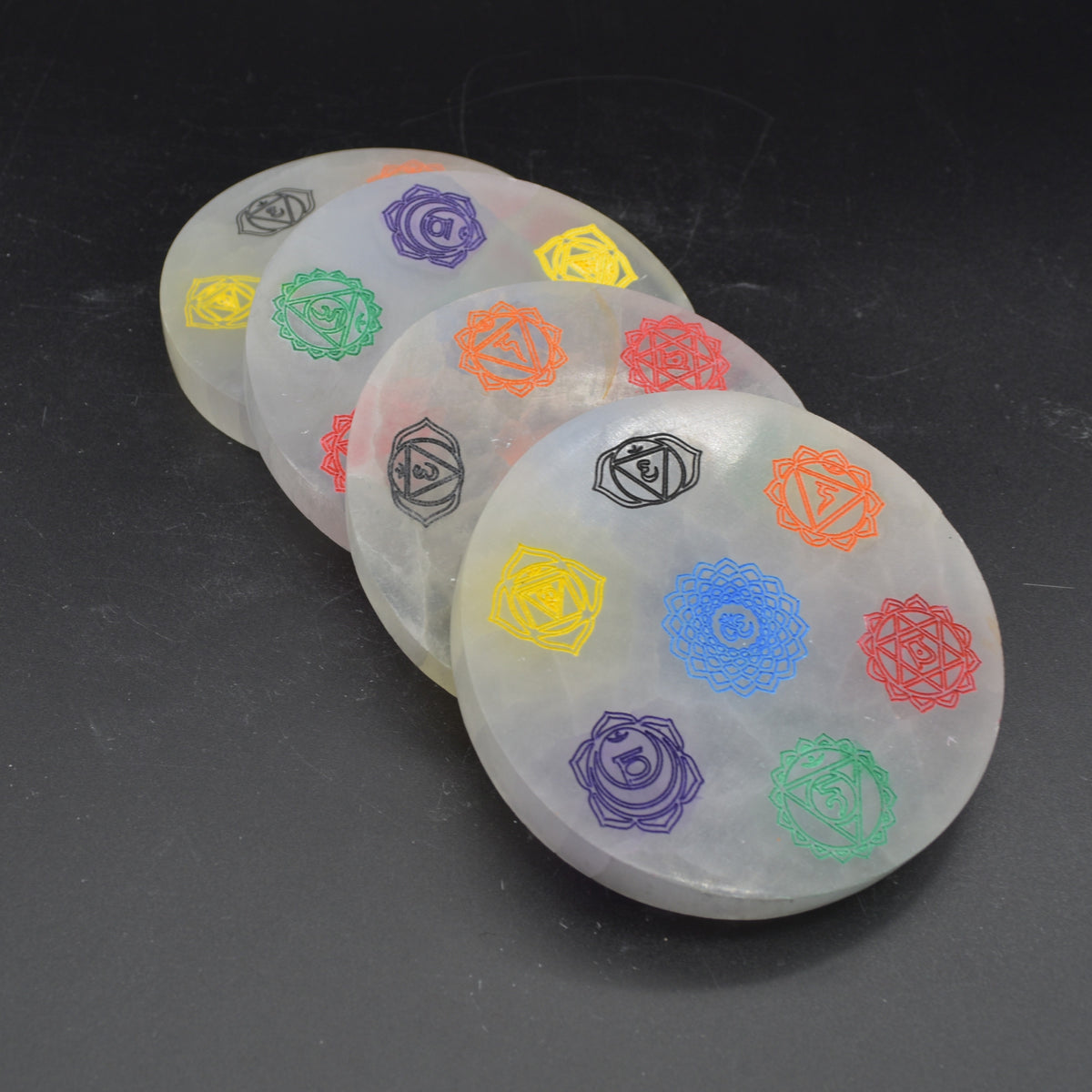 Selenite (Satin Spar) Coloured Chakra Round Charging Plate - 1 Count - 10 - 11cm