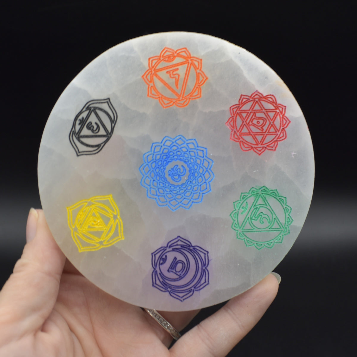 Selenite (Satin Spar) Coloured Chakra Round Charging Plate - 1 Count - 10 - 11cm
