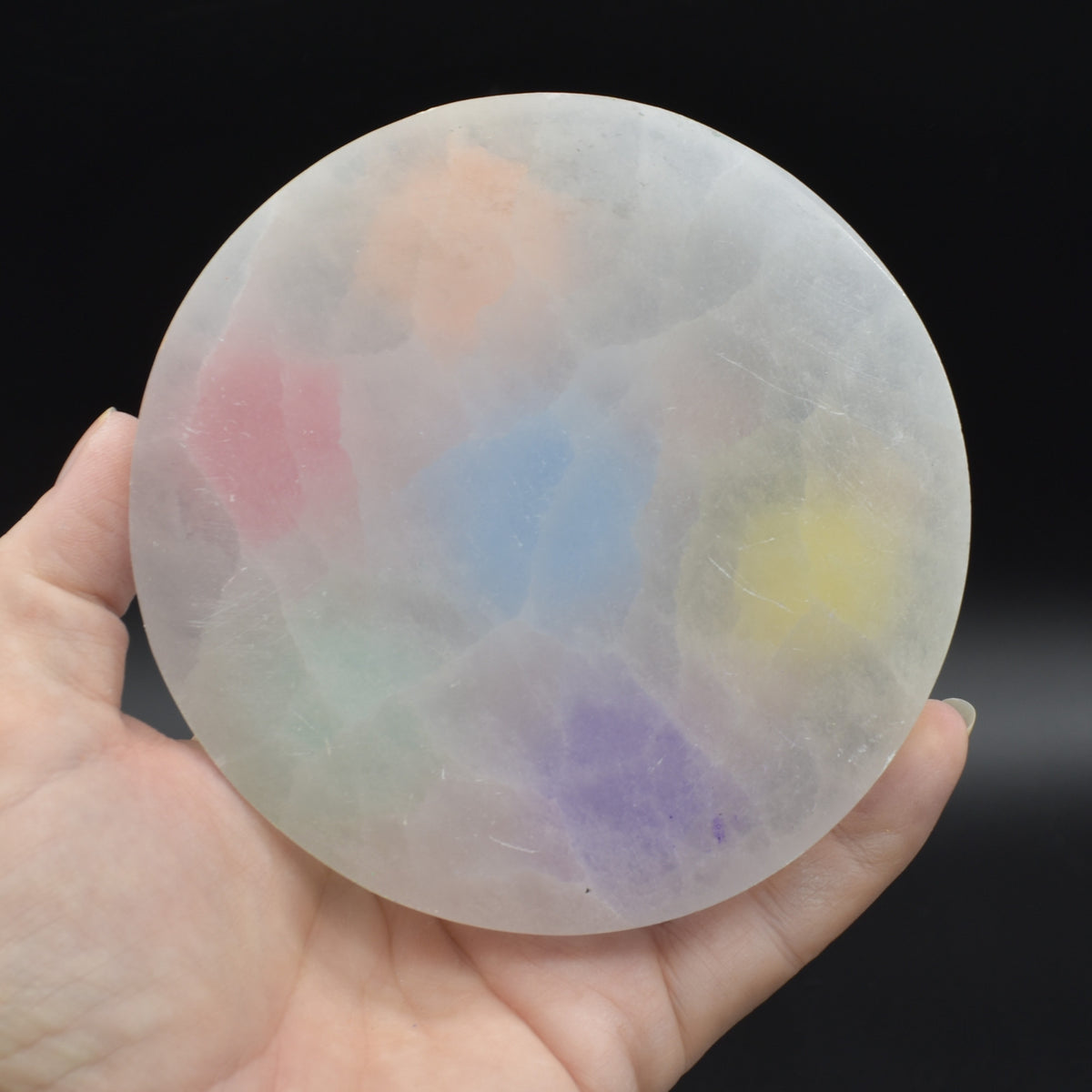 Selenite (Satin Spar) Coloured Chakra Round Charging Plate - 1 Count - 10 - 11cm
