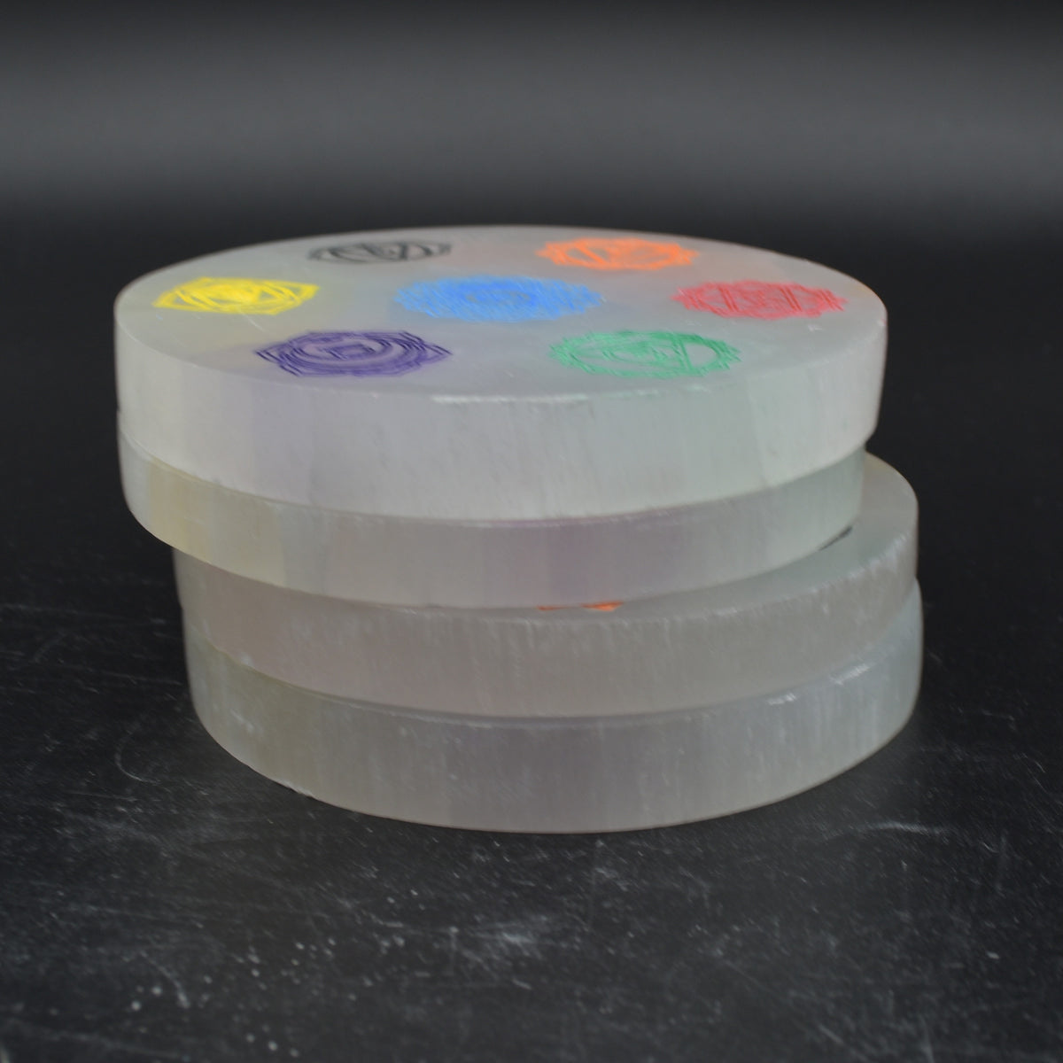 Selenite (Satin Spar) Coloured Chakra Round Charging Plate - 1 Count - 10 - 11cm