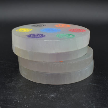 Selenite (Satin Spar) Coloured Chakra Round Charging Plate - 1 Count - 10 - 11cm