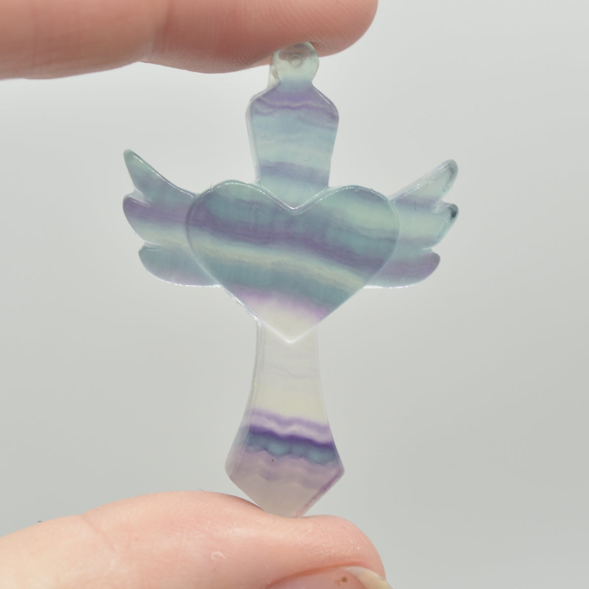 Rainbow Fluorite Crystal Carved Cross With Wings - 4.5cm - #02