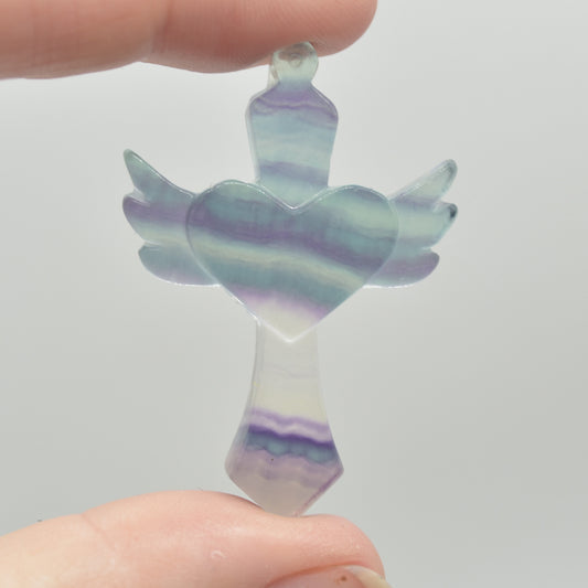 Rainbow Fluorite Crystal Carved Cross With Wings - 4.5cm - #02