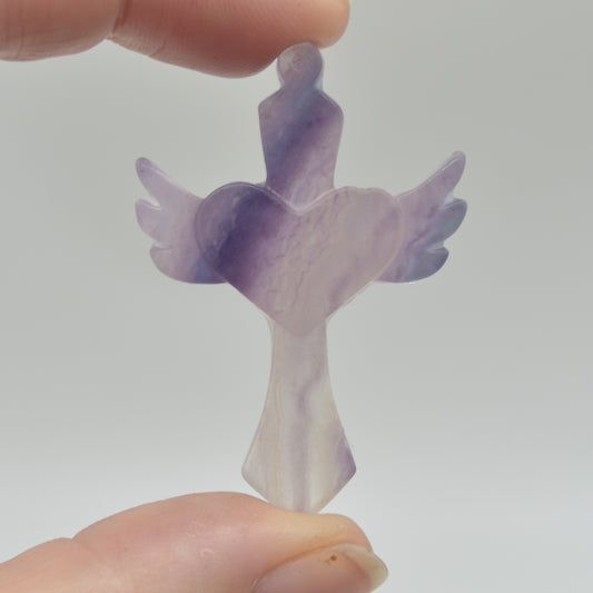 Rainbow Fluorite Crystal Carved Cross With Wings - 4.5cm - #03
