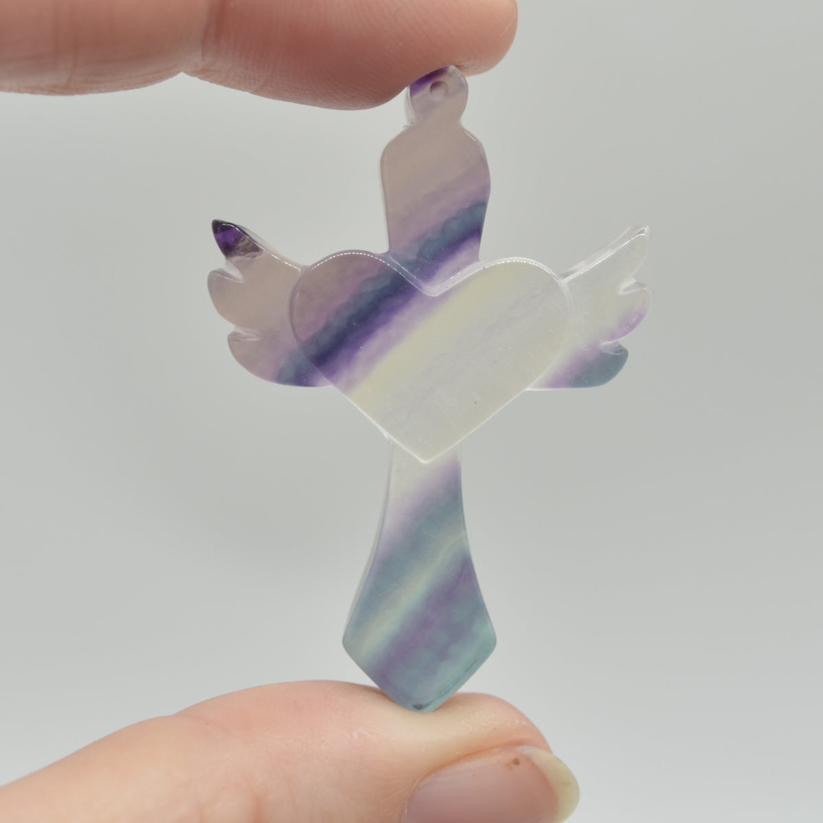 Rainbow Fluorite Crystal Carved Cross With Wings - 5cm - #05