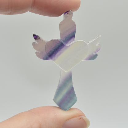 Rainbow Fluorite Crystal Carved Cross With Wings - 5cm - #05
