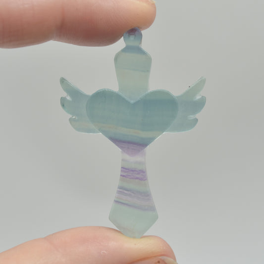 Rainbow Fluorite Crystal Carved Cross With Wings - 4.5cm - #06