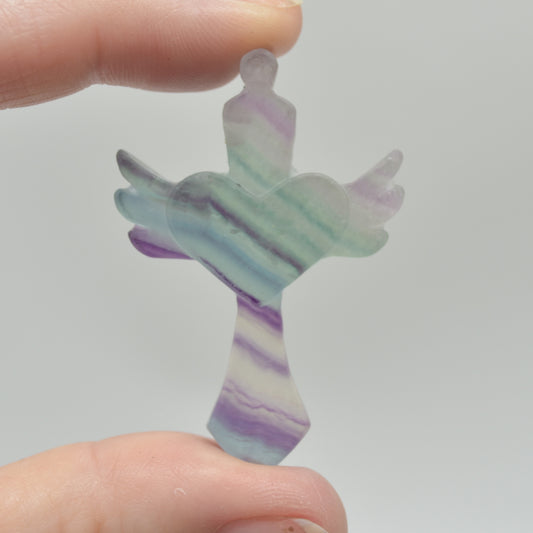 Rainbow Fluorite Crystal Carved Cross With Wings - 4.5cm - #10