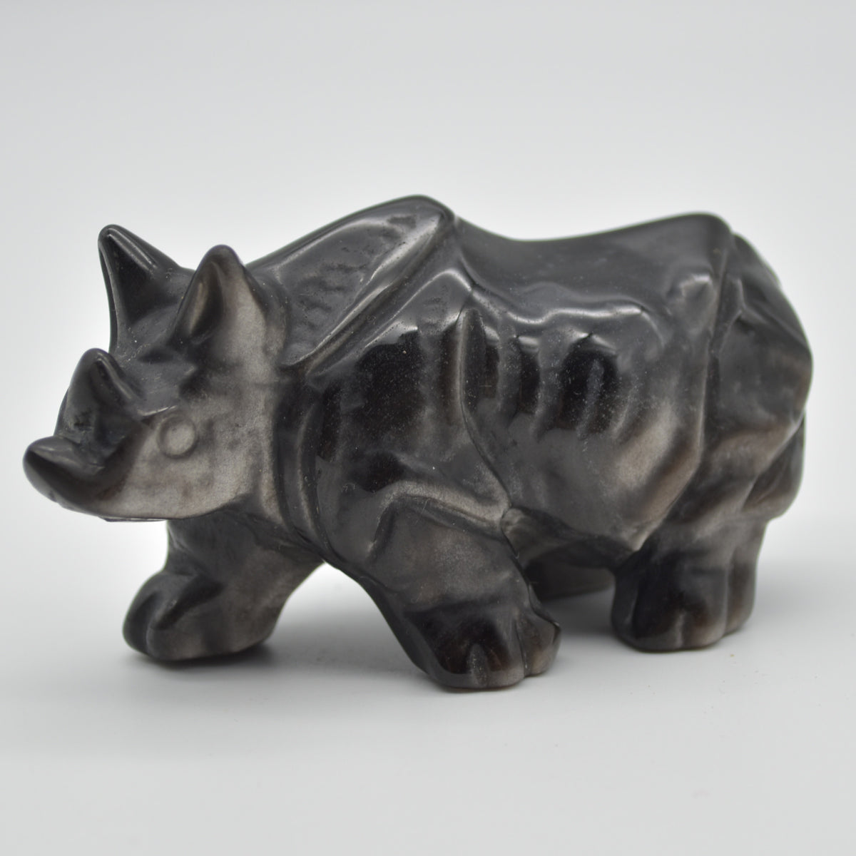 Silver Sheen Obsidian Gemstone Carved Rhino - 5cm x 8.5cm x 4cm #02