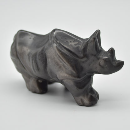Silver Sheen Obsidian Gemstone Carved Rhino - 5cm x 8.5cm x 4cm #02