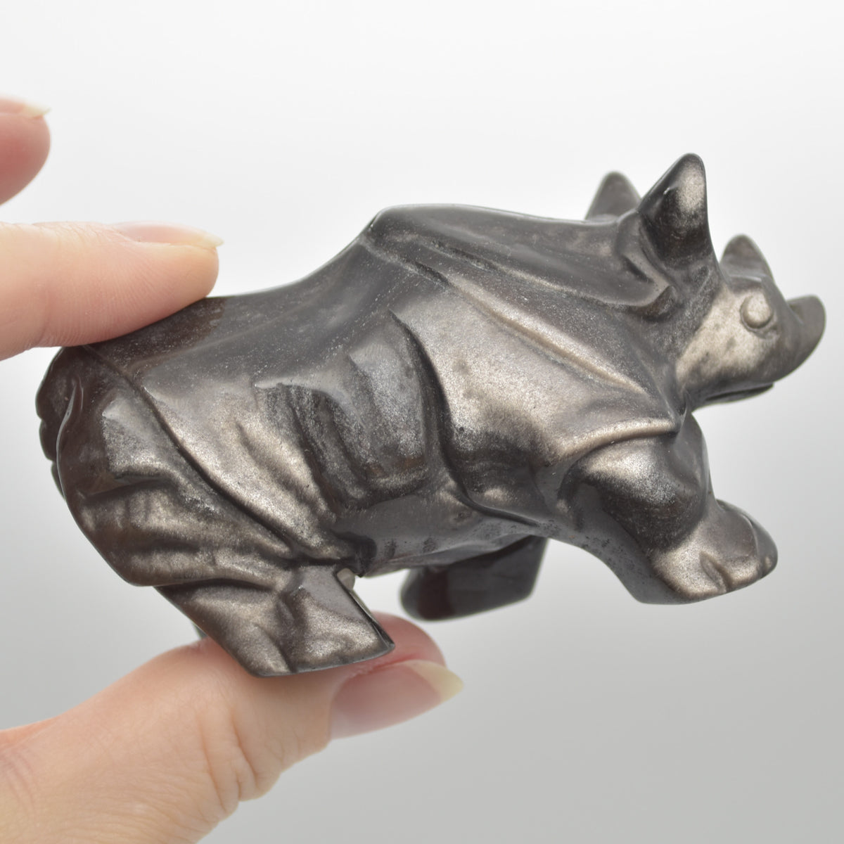 Silver Sheen Obsidian Gemstone Carved Rhino - 5cm x 8.5cm x 4cm #02