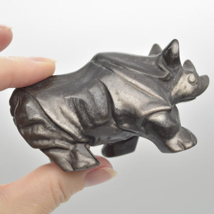 Silver Sheen Obsidian Gemstone Carved Rhino - 5cm x 8.5cm x 4cm #02