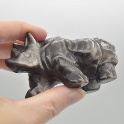 Silver Sheen Obsidian Gemstone Carved Rhino - 5cm x 8.5cm x 4cm #02
