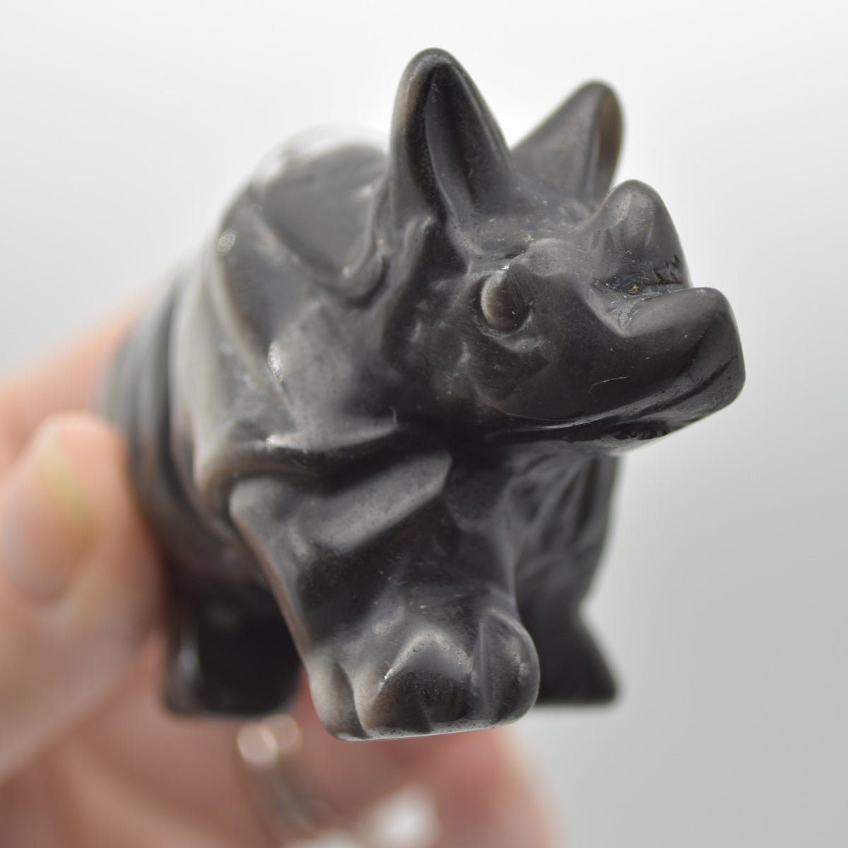 Silver Sheen Obsidian Gemstone Carved Rhino - 5cm x 8.5cm x 4cm #02