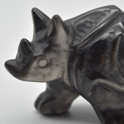Silver Sheen Obsidian Gemstone Carved Rhino - 5cm x 8.5cm x 4cm #02