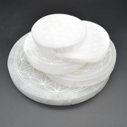 Selenite Flower Grid Round Charging Plate - 1 Count - 6 Sizes