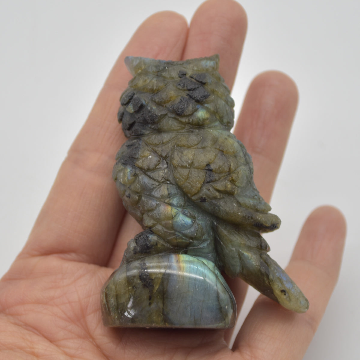 Labradorite Crystal Owl on Rock - 6cm x 4.5cm x 2.5cm - 81 grams #03