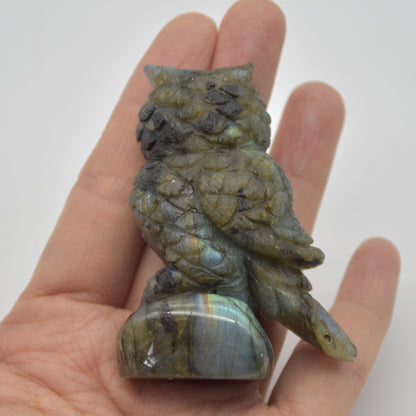 Labradorite Crystal Owl on Rock - 6cm x 4.5cm x 2.5cm - 81 grams #03