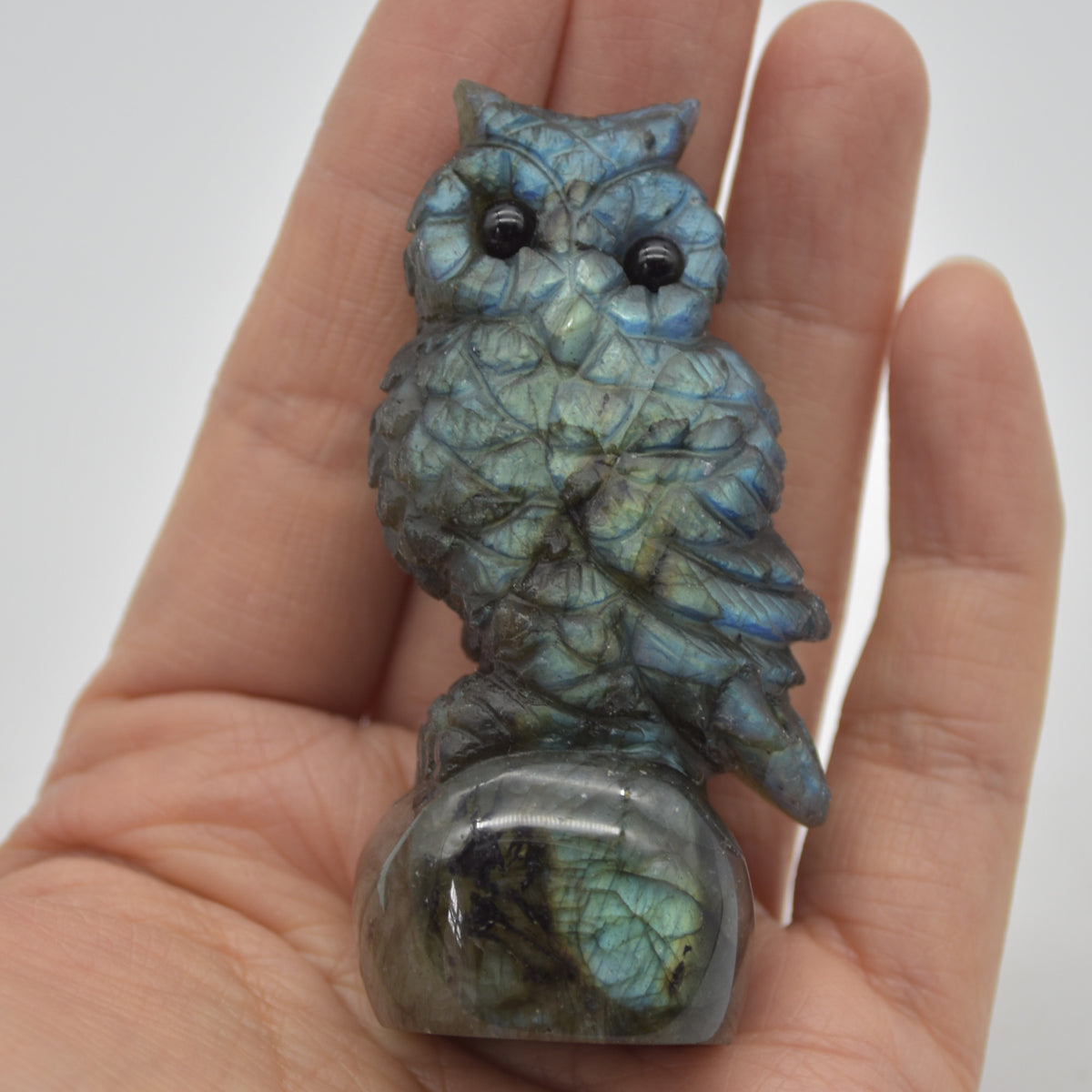 Labradorite Crystal Owl on Rock - 6cm x 3.5cm x 2.5cm - 74 grams #04