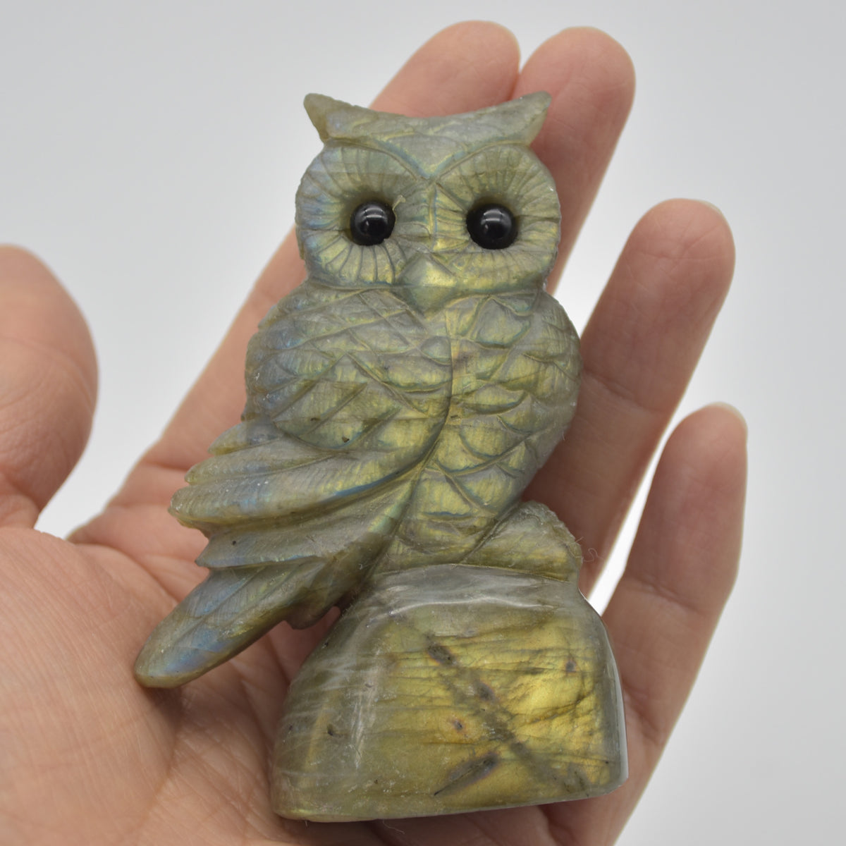 Labradorite Crystal Owl on Rock - 8cm x 5cm x 3cm - 150 grams #01