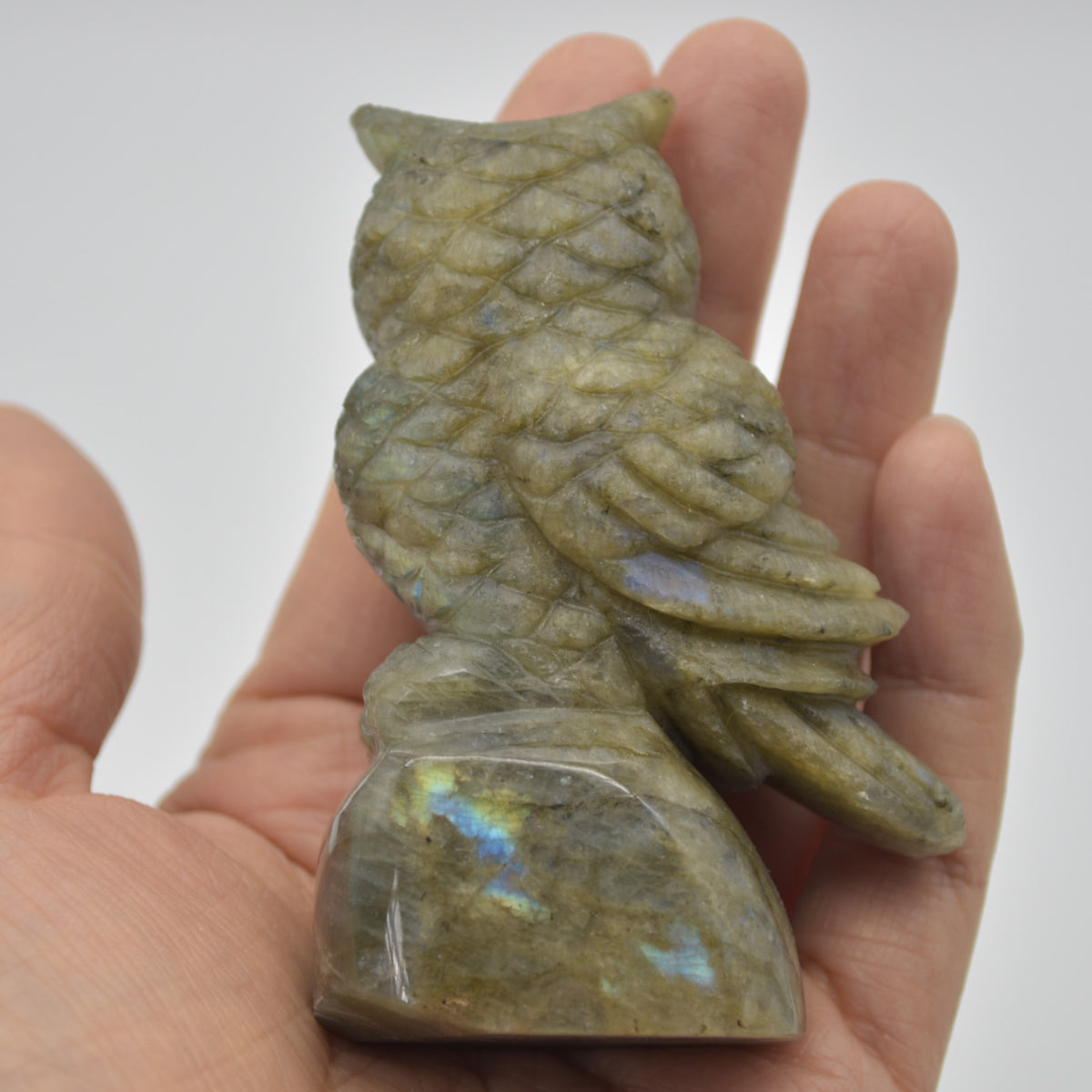 Labradorite Crystal Owl on Rock - 8cm x 5cm x 3cm - 150 grams #01
