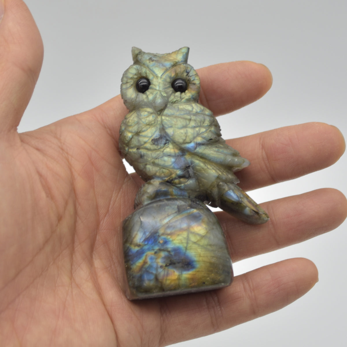 Labradorite Crystal Owl on Rock - 8cm x 5cm x 3cm - 130 grams #08