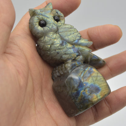 Labradorite Crystal Owl on Rock - 8cm x 5cm x 3cm - 130 grams #08