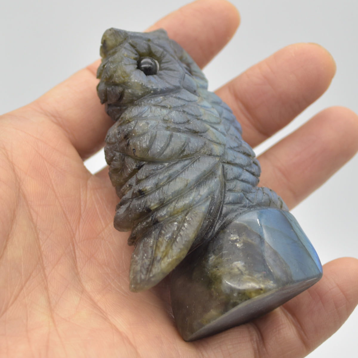 Labradorite Crystal Owl on Rock - 7.5cm x 4.5cm x 3cm - 136 grams #10