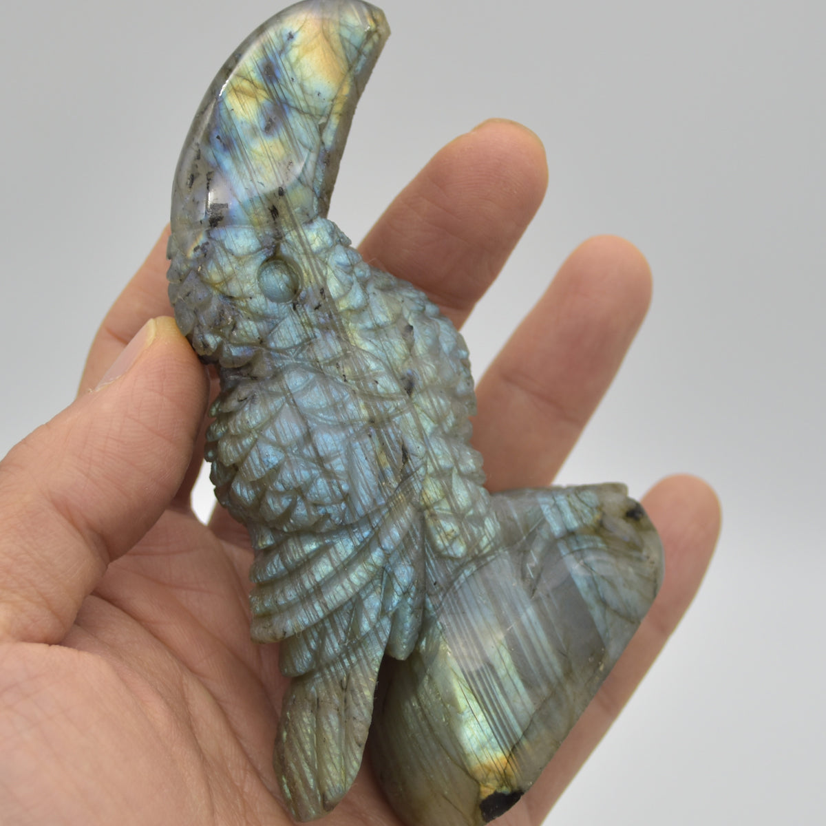 Labradorite Crystal Toucan on Rock - 9cm x 8.5cm x 3cm - 183 grams #04